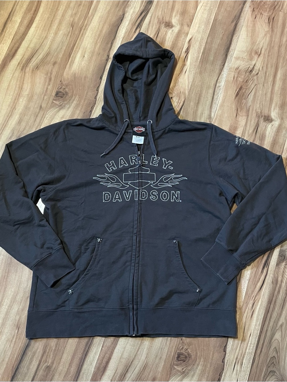 Harley Davidson Y2K 2009 Gray Full Zip Flame Hoodie Sweatshirt Studded Skulls XL